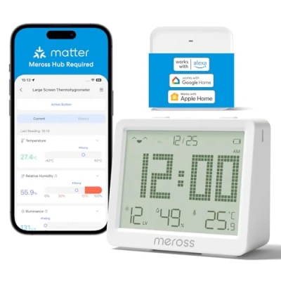 Image de Meross Thermomètre Hygromètre Connecté WiFi (AVEC HUB MSH450), Moniteur de Température et d’Humidité Compatible avec Apple Home, Alexa Google Surveillance à Distance Notification d’Alarme