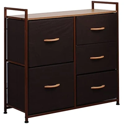 Image de BAKAJI Commode en Tissu Meuble 5 tiroirs Marron Clair et foncé 77,5 x 83 29 cm, Panneau de Fibres à densité Moyenne, Medium
