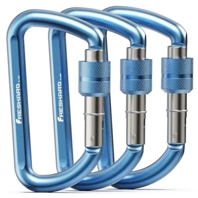 Image de FresKaro Mousqueton Porte Clé, Mousquetons a Vis, Aluminium, 12kN 1224kg, Mousquetton Securite Lock, Solide, pour Laisse Chien, Sac de Frappe, Pompier, Hamac, Balancoire, Voiture, 8cm, 3pcs, Bleu