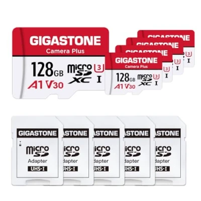 Image de Gigastone Carte Mémoire 128Go Lot de 5 Cartes, Caméra Plus Série, Vitesse allant jusqu&#039;à 100 Mo/s. idéal pour Full HD Video Drone Gopro Caméra, U3 Micro SDXC avec Mini Coque et Adaptateur SD
