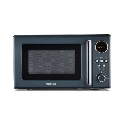 Image de MEDION micro ondes rétro (20 litres, env. 800 watts, 5 niveaux de ondes, 8 programmes automatiques, affichage numérique, fonction décongélation, compact, MD15000) gris