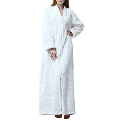 Image de Kinloy Robe de chambre d&#039;hiver longue gaufrée personnalisée en polaire douce avec fermeture éclair chaude et légère Blanc M 36 38, blanc,