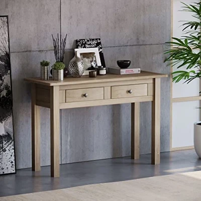 Image de Vida Designs Table Console Panama 2 tiroirs, Meuble de Salon, chêne Naturel, Finition cirée, pin, h 72,5 x l 110 p 40 cm Environ