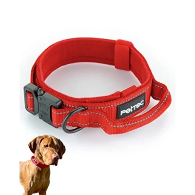 Image de PetTec Collier pour chien, en néoprène et nylon, avec poignée, petits grands chiens, rembourré, extrêmement robuste imperméable, réglable, rouge