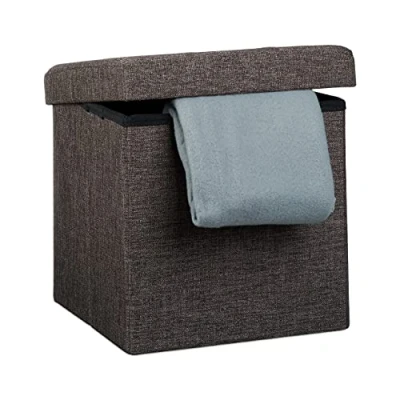 Image de Relaxdays Tabouret pliant en lin pouf de rangement pliable repose pieds stockage carré 38 x cm avec couvercle amovible assise table appoint ottoman coffre chaise banquette, brun