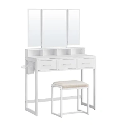 Image de VASAGLE Coiffeuse avec Tabouret rembourré, Triple Miroir, 3 tiroirs, Porte sèche Cheveux, Style cosmétique, Moderne, Blanc RVT004W14
