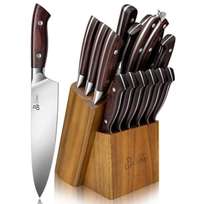 Image de DDF iohEF Set Couteau Cuisine 16 Pièces Ensemble de Couteaux avec Bloc, Japonais en Acier inoxydable Aiguiseur Ciseaux Chef Professionnels Ultra Tranchants