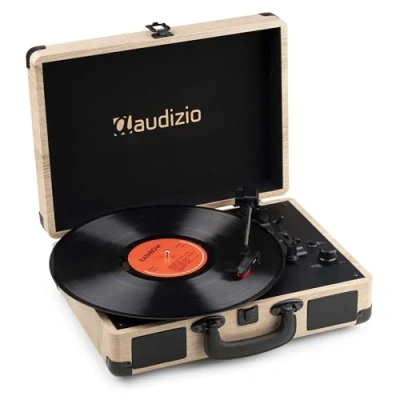 Image de Audizio RP116LW Platine Vinyle Rétro avec Bluetooth in &amp; Out, Haut Parleurs Intégrés Frêne, Lecture 33/45 78 Tours, Idéal pour Écouter Vos Anciens Vinyles Préférés