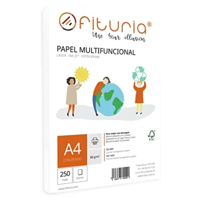 Image de Lot de feuilles A4 80 g avec 250 blanches, papier multifonction pour l&#039;école et les environnements travail. Idéal imprimantes laser Ofituria (250feuilles)