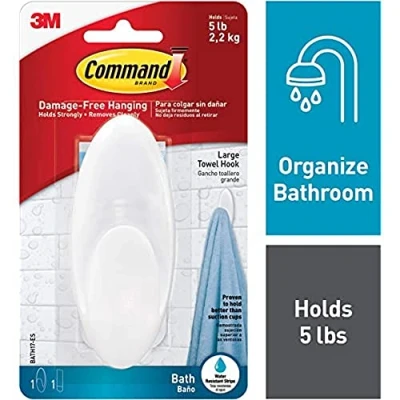 Image de Command Crochet Grand pour Salle de Bains avec Languettes Résistantes à l&#039;Eau, Blanc 1 Crochet, Languette, 2,2 kg Accrochage Sans Dommage