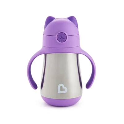 Image de Munchkin Tasse d&#039;Apprentissage pour Bébé, Design Chat, Gobelet Bébé (18 mois et +), Gourde Isotherme avec Paille Anti Fuite, Boissons Chaudes &amp; Froides Violette (237 ml)