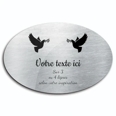 Image de Plaque gravée funéraire motif Deux Colombes avec rameaux autocollante modèle ovale (20x13 cm) personnalisée 1 à 3 lignes Alu Brossé