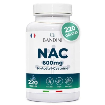 Image de Bandini® NAC N Acétyl Cystéine 600mg 220 Gélules (+7 Mois) Vegan Acetyl Cysteine Complément Antioxydant Synthèse du Glutathion Acétylcystéine Biodisponible Absorption Rapide Sans Gluten