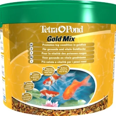 Image de Tetra Pond Goldfish Mix Mélange Complet de Sticks, Flocons, Gammarus Aliment pour Poissons Rouges Bassin et Jardin Enrichis en Oligo éléments, Vitamines essentiels, Spiruline 10 L