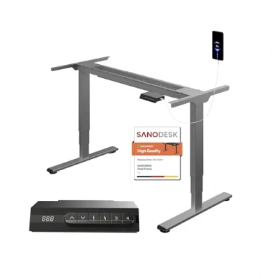 Image de SANODESK EC4 Bureau Assis Debout Électrique à 3 COLONNES avec Double Moteur Réglable en Hauteur 4 Commandes Mémoire Convient Tous Les Plateaux de Table (Gris)