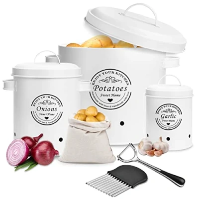 Image de TAVADA Boite Pomme de Terre,Lot 3 rangement Terre,Pot à Oignons,Pot Ail, Pots et bocaux conservation en métal Conception aérée pour un facile (Blanc)