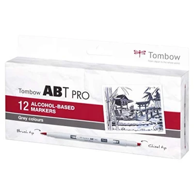 Image de Tombow ABTP 12P 3 Marqueur à base d&#039;alcool ABT PRO deux pointes, set de 12 pièces, Grey Colors