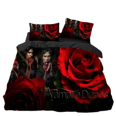 Image de Parure de lit noire avec housse couette 140 x 200 cm et 1 taie d&#039;oreiller 80 (A2, 135 + cm) impression 3D Motif TV d&#039;horreur Vampire Note