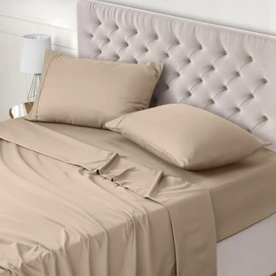 Image de Utopia Bedding Parure de Lit 150x200, Draps 2 Personnes, Ensemble 4 Pièces, Polyester Microfibre, 1 Drap Housse Plat 266x259 et Taies d&#039;oreillers 50x75, Beige