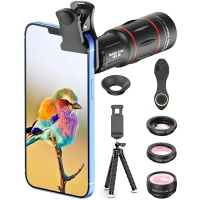 Image de Apexel Ensemble de lentilles, télescope 18x, objectifs Larges 0,63x et Macro 15x, Objectif Fisheye 198 , trépied Flexible pour iPhone Samsung la Plupart des téléphones