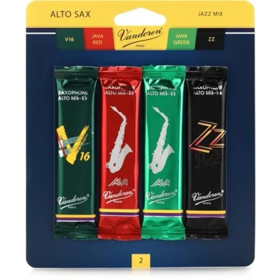 Image de Vandoren SRMIXA2 Alto Sax Jazz Reed Mix Card includes 1 each ZZ, V16, JAVA and Red Strength 2