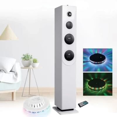 Image de Colonne de son 100W Innovaley HP33 CD WHITE Lecteur CD, Bluetooth, FM et USB, + télécommande, Jeu lumière OVNI BLANC