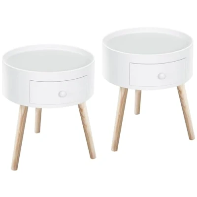 Image de HOMCOM Lot de 2 Tables Basses Table Chevet Nuit Ronde Design scandinave d&#039;appoint Bout canapé avec tiroir Pieds effilés inclinés Bois Massif chêne Clair Blanc