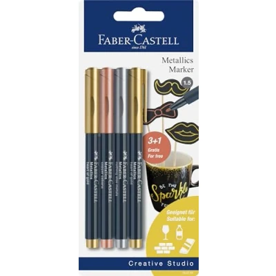 Image de Faber Castell 160791 Metallics Marker Set, 4 marqueurs, épaisseur de trait 1,5 mm, convient pour nombreuses surfaces, avec effet métallique