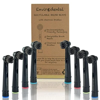 Image de Envirodental Lot de 8 têtes brosse à dents rechange respectueuses l&#039;environnement Entièrement recyclables avec poils au charbon actif pour brosses électriques
