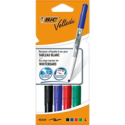 Image de BIC Velleda 1741 Feutres pour Tableau Blanc Effaçables à Sec Pointe Conique Moyenne Couleurs Assorties, Pochette de 4