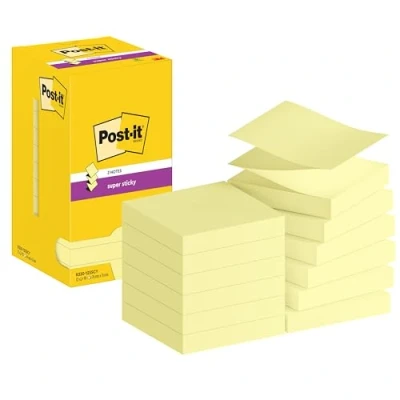 Image de Post it Super Sticky Z Notes, Jaune Canari, Pack de 12 Blocs, 90 Feuilles par Bloc, 76 mm x mm, Pastel Notes Adhésives pour Prise Listes Tâches et Rappels