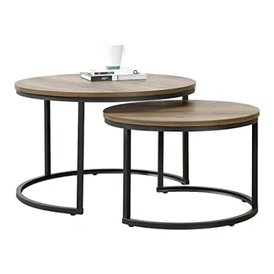 Image de [en.casa] Set de 2 Tables Basses Rondes Gigognes Tailles Différentes Table d&#039;Appoint Bout Canapé Design Intemporel Panneaux Particules Acier Laqué Effet Bois Foncé Noir