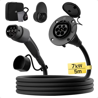 Image de dé Rallonge Câble de Recharge pour Voiture Électrique Type 2 7,4kW [5m, 32A] d&#039;extension Monophasé 230V, Classé IP54, Compatible avec Tous Les BEV et HPEV IEC62196 2, Sac Transport