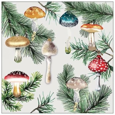 Image de Lot de 20 serviettes table en papier avec motif sapin Noël et pendentifs champignons, conviennent également pour le découpage la technique des 33 x cm