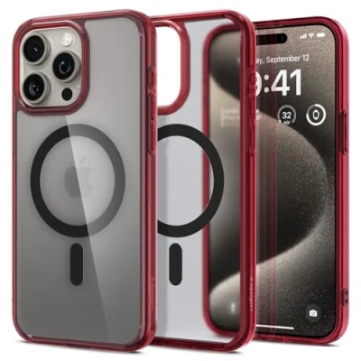 Image de Spigen Coque Magnétique pour iPhone 15 Pro Max [Translucide Givrée] en Dos PC et Bumper TPU Ultra Hybrid MagFit Frost Rouge Foncé