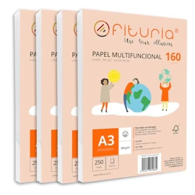 Image de Ramette de papier A3 160g avec 1000 feuilles blanches, multifonctionnel pour un usage scolaire et professionnel. Idéal imprimantes laser, à jet d’encre ou photocopieuses Ofituria