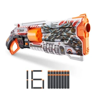 Image de X Shot Skins Lock Blaster par ZURU avec 16 fléchettes, Barillet Rotatif, Technologie Air Pocket Dart