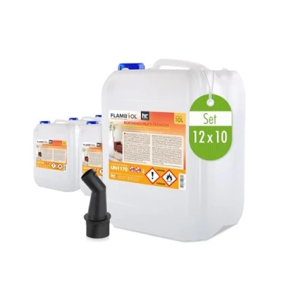 Image de FLAMBIOL Bioéthanol 96,6% Premium 12 x 10 L Éthanol pour cheminées de Table, et décorations extérieures Jardin sans fumée ni suie A Base maïs Betterave sucrière
