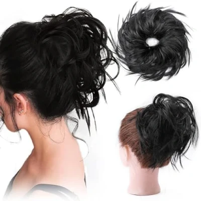 Image de XXL Postiche Cheveux En Caoutchouc Chouchou Chignons VOLUMINEUX Bouclés Ou Chignon Décoiffé Extension a clip Naturel Noir foncé