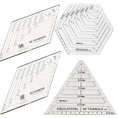 Image de ANCLLO Lot de 4 règles matelassage, avec triangle 60 degrés et diamant, diamant à 45 degrés, modèles hexagonaux, règle transparente pour patchwork, couture, loisirs créatifs, outils bricolage