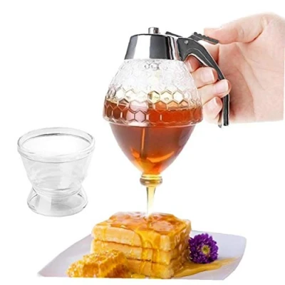 Image de Lankater Distributeur De Miel Goutte À en Verre Sirop D&#039;érable Peigne Forme Pot avec Support