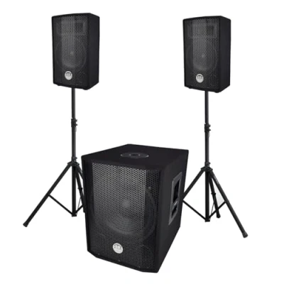 Image de Système triphonique 1000 W BM Bmsonic BMS1208, Caisson bi amplifié USB Bluetooth, 30cm, 2 Satellites 8&quot; 2x200W, câbles, pieds