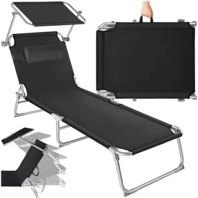 Image de tectake® Chaise Longue Pliante Bain de Soleil Jardin Exterieur avec Pare &amp; Appuie tête inclinable Transat Plage Relax Camping Salon Noir
