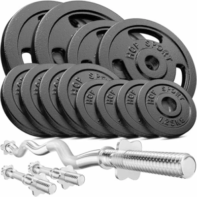 Image de Hop Sport Set d&#039;haltères en Fonte 57 kg, Barre SZ Curl, Barres courtes, Disques de poids, Jeu complet pour musculation