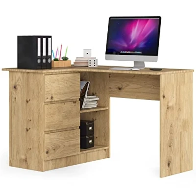 Image de AKORD Bureau d&#039;angle Table avec Meuble de Rangement intégré et modulable 3 tiroirs 2 étagères L124 x H77 P85 Fourniture Bureaus Chêne Artisanal