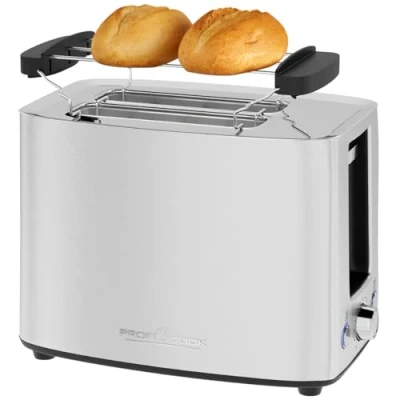 Image de Proficook Grille pain 2 Fentes Acier inoxydable PC TA1279, extra larges 40 mm, Fonction décongélation, Niveau de brunissement réglable, Tiroir à miettes, 700 850 W