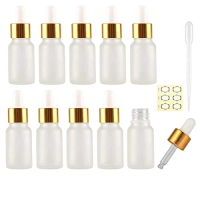 Image de Alledomain Lot de 10 flacons en verre dépoli avec pipettes compte gouttes, ml, mini vides bouchon alliage d&#039;aluminium doré rechargeables, huiles massage, liquides chimiques