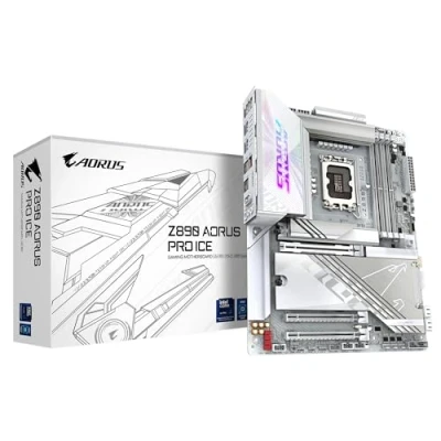 Image de GIGABYTE Carte mère Z890 AORUS Pro Ice Prend en Charge Les processeurs Intel Core Ultra (série 2), 16+1+2 Phases VRM, jusqu&#039;à 9500MHz DDR5 (OC), 1xPCIe 5.0 + 4xPCIe 4.0, Wi FI 7, LAN 5GbE