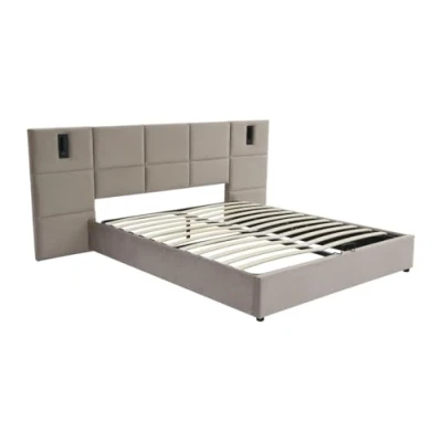Image de lit coffre 180 x 200 cm avec tête de et lampe intégrée Velours Taupe SARETO
