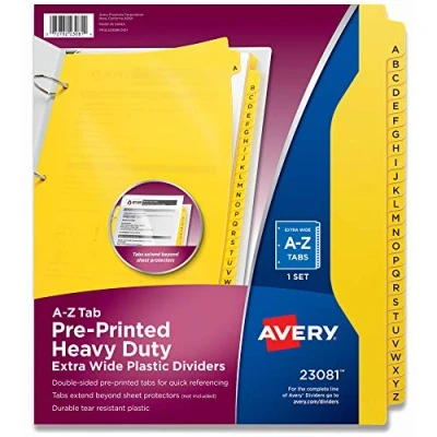 Image de Avery robuste Plastique industrielle cloisons de séparation, 26 onglets A Z, Jaune (23081)